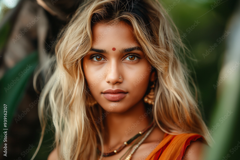 Naklejka premium A woman with blonde hair and brown eyes is wearing an orange dress
