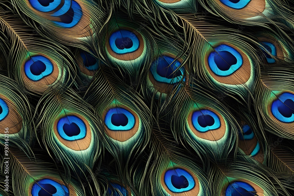 Obraz premium A seamless peacock feather pattern with vibrant blue green and gold eyespots, AI Generated