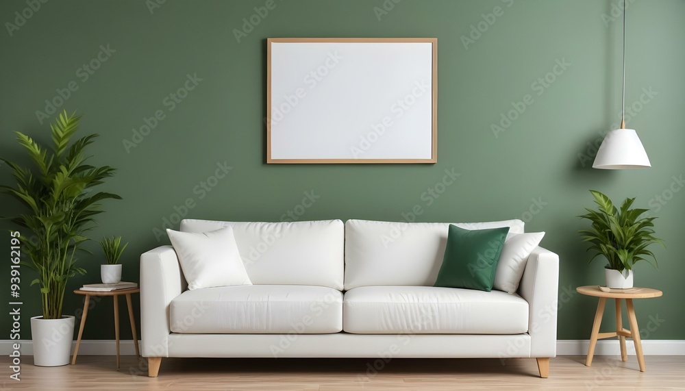 Interior mockup In a white room a blue sofa is placed next to a photo frame on the wall Interior mockup In a white room a blue sofa is placed next to a photo frame on the wall