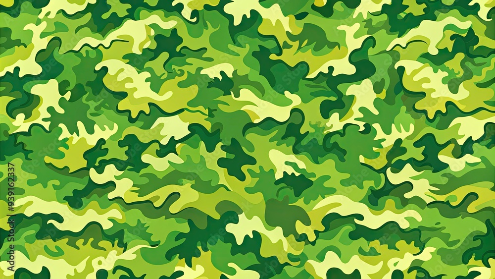 Fototapeta premium Military-style green camouflage pattern fills the frame, with various shades of olive, lime, and forest tones blending together to create a natural, outdoorsy backdrop.