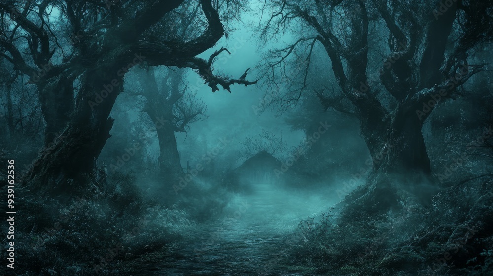 A misty forest path leads to a small A misty forest path leads to a small