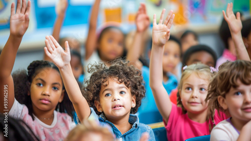 Diversity of elementary students raise their hands to answer teacher questions in class room at school.