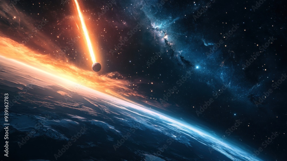 A fiery meteor streaks towards Earth, creating a blazing trail against a backdrop of swirling nebulas and glittering stars.