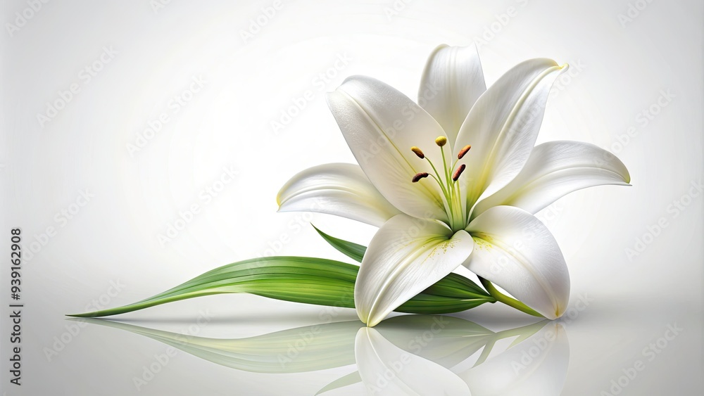 Fototapeta premium Minimalist white background features a stylized illustration of a lily flower, symbolizing purity, innocence, and refined elegance in a simple yet sophisticated design element.