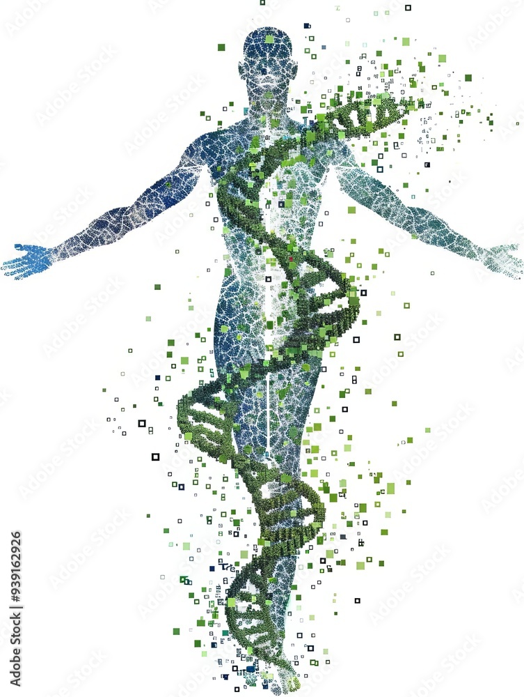 Obraz premium A digital human silhouette made of green leaves and a spiral DNA strand, surrounded by squares on a white background.
