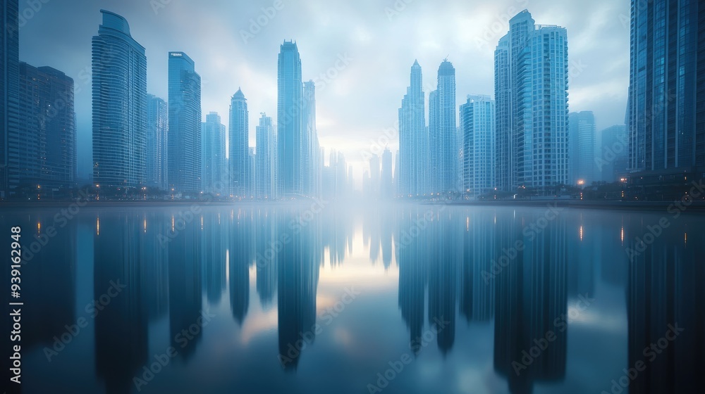 A breathtaking image of towering skyscrapers mirrored in the calm water below, highlighting the sleek, modern architecture against a tranquil backdrop A breathtaking image of towering skyscrapers mirrored in the calm water below, highlighting the sleek, modern architecture against a tranquil backdrop