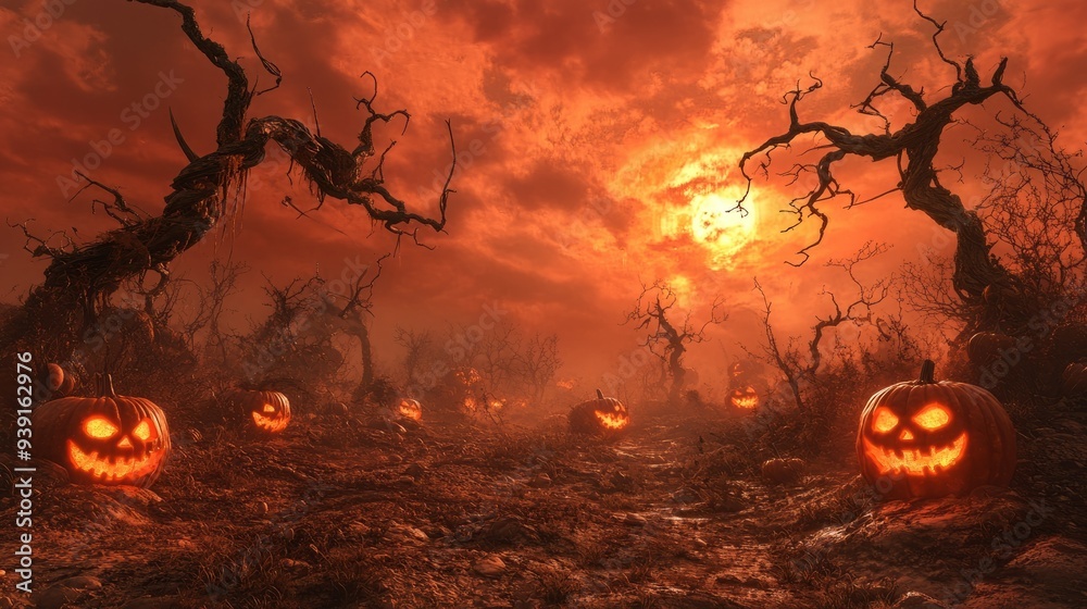 Spooky Halloween scene with jack-o-lanterns in a dark forest. Spooky Halloween scene with jack-o-lanterns in a dark forest.