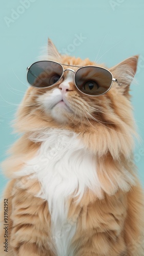 A cat wearing sunglasses is sitting on a blue background