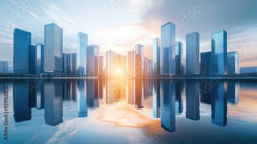A breathtaking image of towering skyscrapers mirrored in the calm water below, highlighting the sleek, modern architecture against a tranquil backdrop