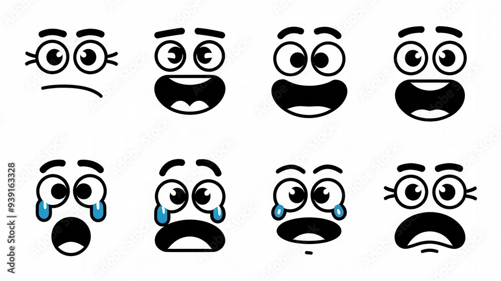 A set of cartoon faces with different expressions, including a crying face A set of cartoon faces with different expressions, including a crying face
