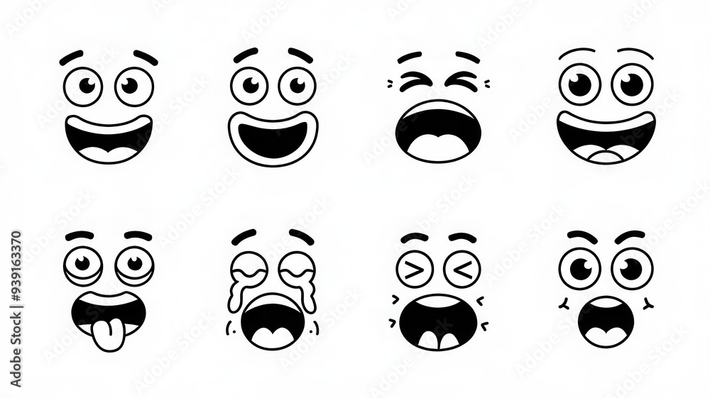 A set of cartoon faces with different expressions, including a surprised face A set of cartoon faces with different expressions, including a surprised face