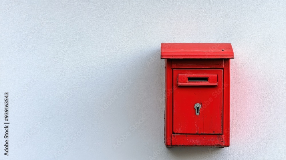 A bright red mailbox, fully closed, standing out against a clean white background, symbolizing traditional mail services. A bright red mailbox, fully closed, standing out against a clean white background, symbolizing traditional mail services.