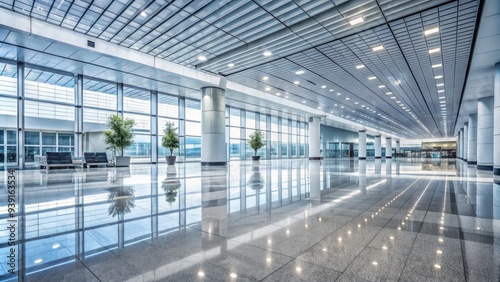 Modern Airport Interior With A White Ceiling, Glass Windows, And A Marble Floor Next To An Empty Hallway photo