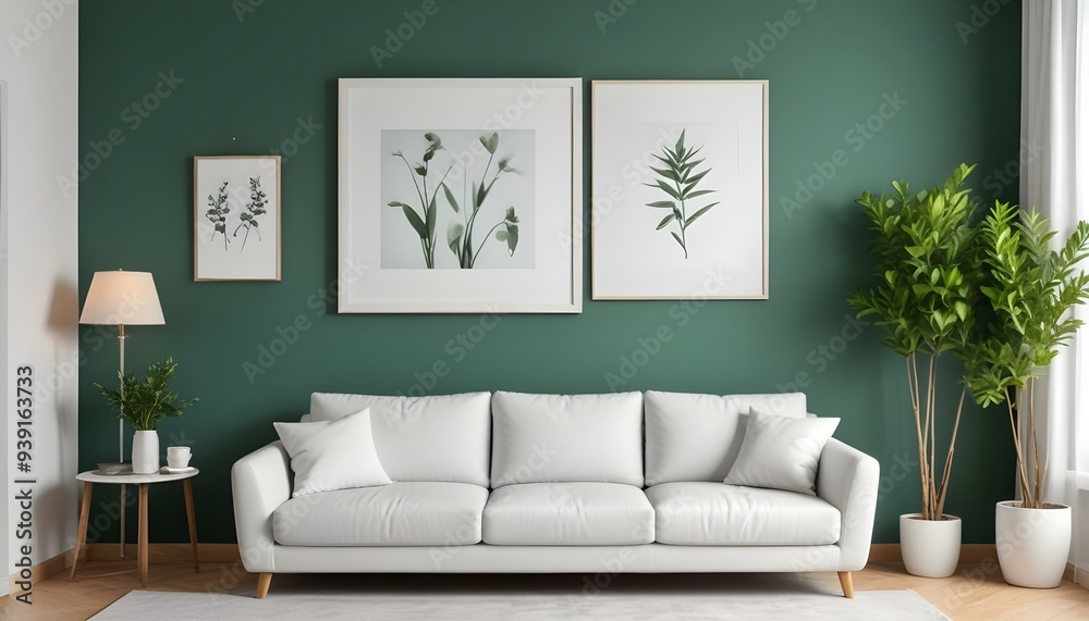 Interior mockup In a white room a blue sofa is placed next to a photo frame on the wall Interior mockup In a white room a blue sofa is placed next to a photo frame on the wall