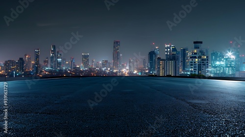 Bangkok urban cityscape skyline night scene with empty asphalt floor on front : Generative AI