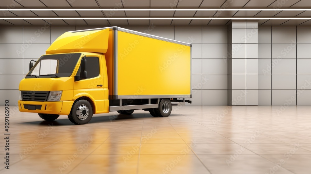 Yellow delivery van parked on city street. Van delivering posts and parcels. Neural network ai generated art Yellow delivery van parked on city street. Van delivering posts and parcels. Neural network ai generated art