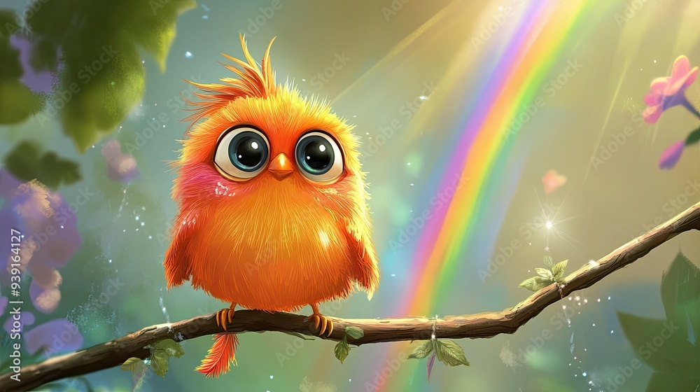 Fototapeta premium A cheerful cartoon bird with big eyes and fluffy feathers, perched on a branch with a bright rainbow in the background