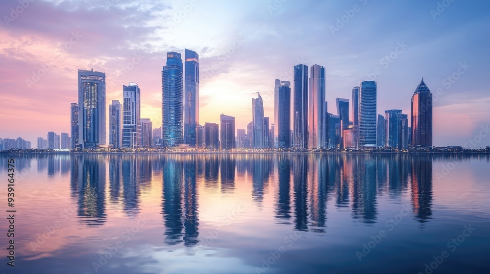 A city skyline with skyscrapers reflecting perfectly in the water, capturing the beauty of urban architecture in a serene, A city skyline with skyscrapers reflecting perfectly in the water, capturing the beauty of urban architecture in a serene,