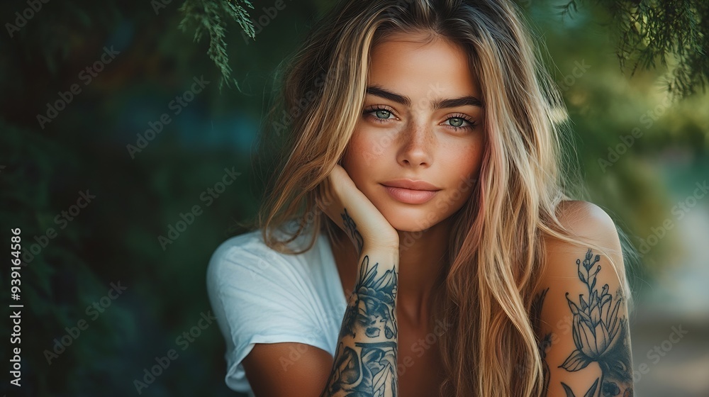 Naklejka premium Horizontal portrait of pleasantlooking Caucasian female with long hair pink on tips having tattooes on arms wearing white casual Tshirt covering her face with hair looking happily in c : Generative AI