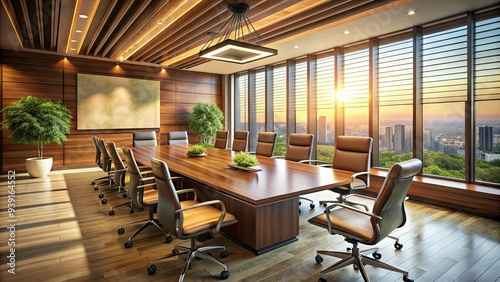 Modern corporate conference room with large wooden table, leather chairs, and audiovisual equipment, illuminated by natural light pouring in through floor-to-ceiling windows.