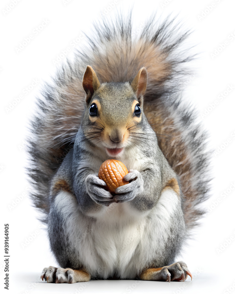 Gray squirrel holding a nut, isolated on white background, Clipping path Gray squirrel holding a nut, isolated on white background, Clipping path