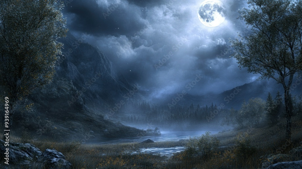 Obraz premium Moonlight Illuminating a Foggy Mountain Lake