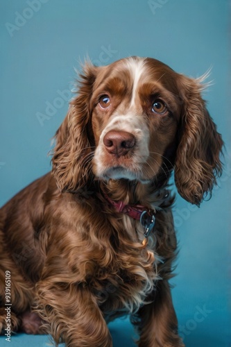 A brown and white dog with a red collar is sitting on a blue surface