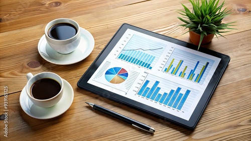 Modern digital tablet displaying a sales strategy plan with business analytics and charts, surrounded by coffee cups and office supplies on a wooden desk.