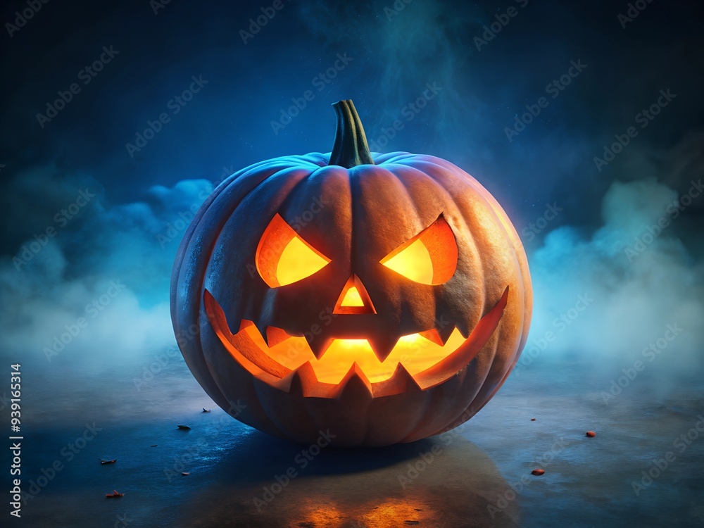 A spooky jack-o'-lantern glowing with an eerie light, set against a dark, misty background, perfect for Halloween themes. A spooky jack-o'-lantern glowing with an eerie light, set against a dark, misty background, perfect for Halloween themes.