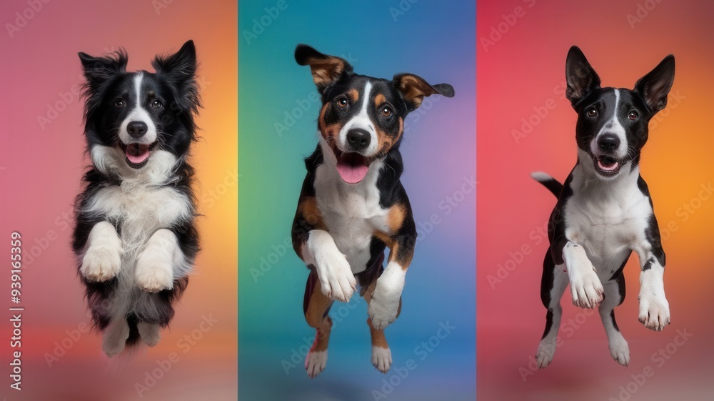 Three dogs are jumping in the air, with one of them being a mix of black Three dogs are jumping in the air, with one of them being a mix of black