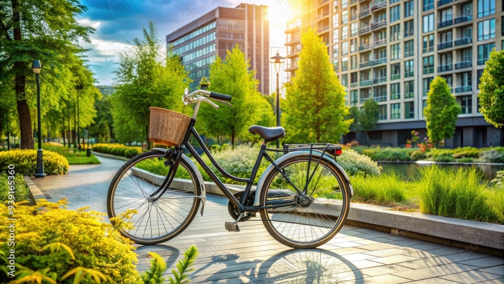 Modern electric bicycle parked beside a vibrant green urban oasis, exemplifying sustainable transportation and harmony between nature and innovative city infrastructure. Modern electric bicycle parked beside a vibrant green urban oasis, exemplifying sustainable transportation and harmony between nature and innovative city infrastructure.