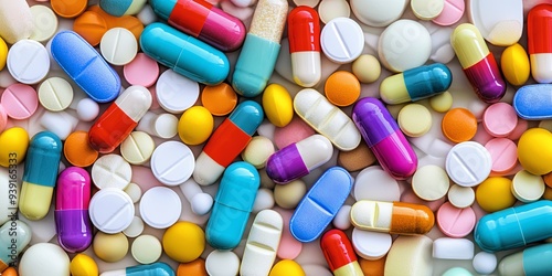 A close-up shot of various colorful pills and capsules, scattered on a white surface.