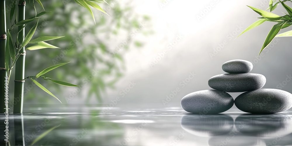 Stacked zen stones on water with bamboo in the background. Stacked zen stones on water with bamboo in the background.