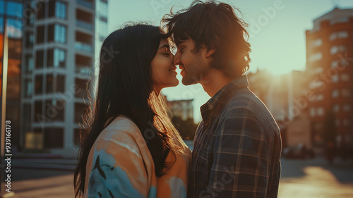 A couple kissing in the street in front of a building