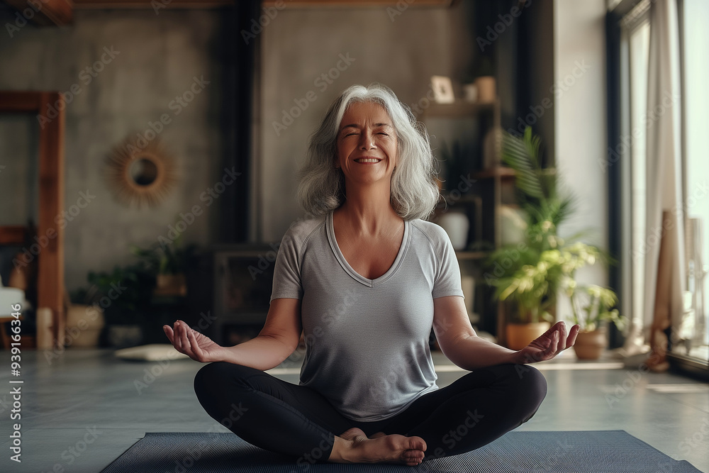 A woman is sitting on a mat in a room with a potted plant A woman is sitting on a mat in a room with a potted plant