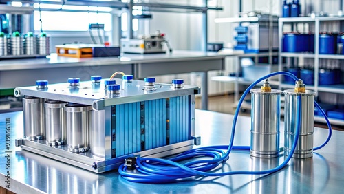 Modern hydrogen fuel cell battery pack with silver canisters and blue wires, displayed on a laboratory workbench with various scientific equipment nearby.