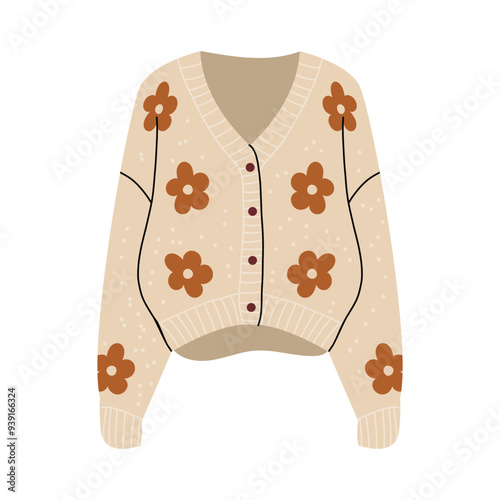 Cute vector cardigan. Cozy fall clothes. Flat illustration with white isolated background. Hand-drawn style.