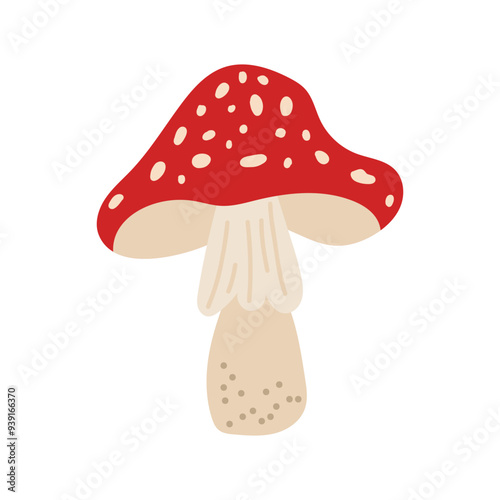 Cute vector Fly agaric vector. Mushroom. Flat illustration with white isolated background. Hand-drawn style.