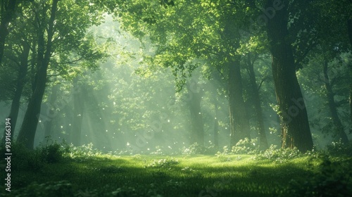 Sunlight Filtering Through Dense Foliage in a Tranquil Forest