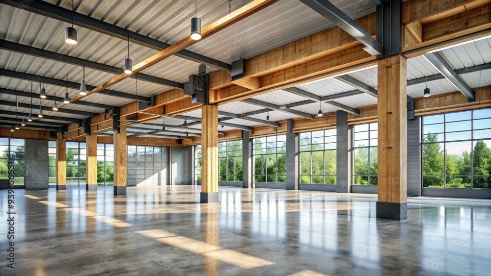 Modern industrial interior features exposed laminated timber beams and columns, sleek concrete floors, and large windows letting in abundant natural light. Modern industrial interior features exposed laminated timber beams and columns, sleek concrete floors, and large windows letting in abundant natural light.