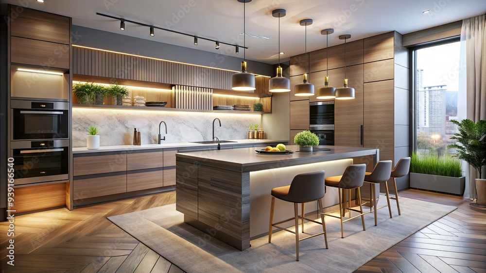 Modern kitchen design concept sketch featuring sleek cabinetry, large island, and minimalist decor, illuminated by warm lighting and surrounded by elegant architectural details. Modern kitchen design concept sketch featuring sleek cabinetry, large island, and minimalist decor, illuminated by warm lighting and surrounded by elegant architectural details.
