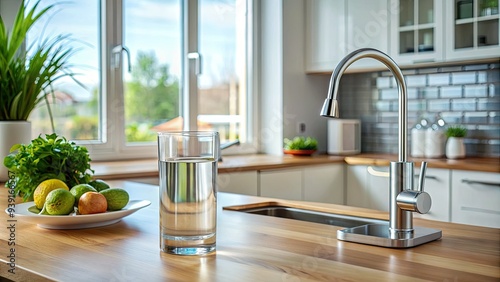 Modern kitchen countertop with sleek water purification system and empty glass, symbolizing clean drinking water and healthy hydration in a comfortable home setting.