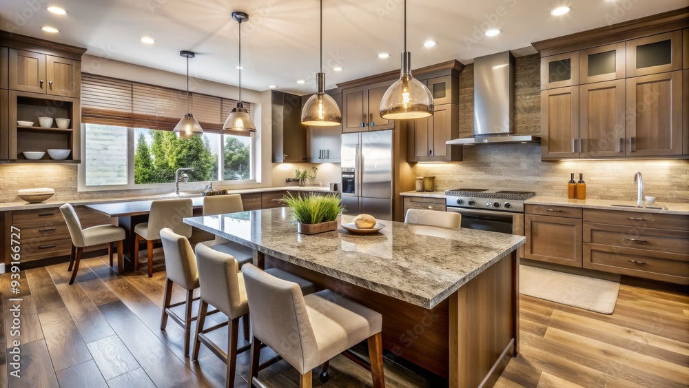 Modern kitchen with sleek appliances, granite countertops, and pendant lighting, surrounded by neutral-toned cabinets and walls, with a wooden dining table in the background. Modern kitchen with sleek appliances, granite countertops, and pendant lighting, surrounded by neutral-toned cabinets and walls, with a wooden dining table in the background.