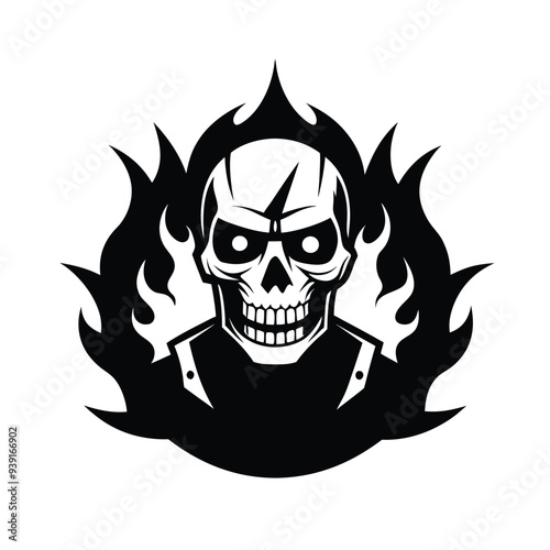 Vintage t-shirt design featuring a cybernetic skull, half human, half cyborg, surrounded by flames.