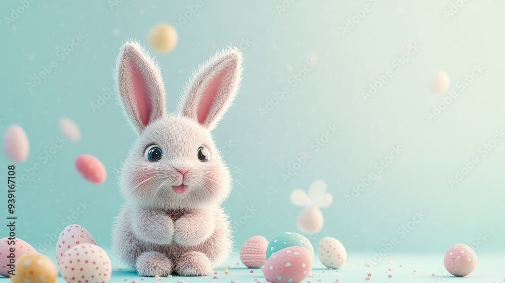 A cuddly cartoon bunny with floppy ears and a tiny nose, surrounded by colorful Easter eggs on a light pastel background A cuddly cartoon bunny with floppy ears and a tiny nose, surrounded by colorful Easter eggs on a light pastel background