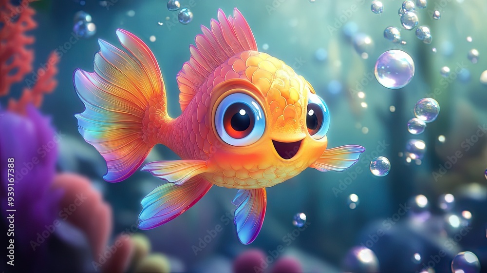 A cute, round cartoon fish with big eyes and colorful scales, swimming through a sea of bubbles in a bright underwater world. A cute, round cartoon fish with big eyes and colorful scales, swimming through a sea of bubbles in a bright underwater world.