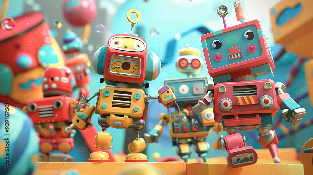 Fototapeta premium 3d render digital futuristic technology cyber robots toys. Fun cartoon cyber city. Fairy tail IT AI book background