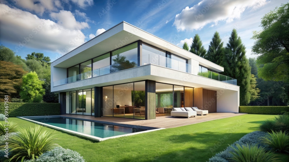 Modern minimalist house featuring large floor-to-ceiling windows, sleek white walls, and a flat roof, blending seamlessly into the surrounding lush green landscape. Modern minimalist house featuring large floor-to-ceiling windows, sleek white walls, and a flat roof, blending seamlessly into the surrounding lush green landscape.