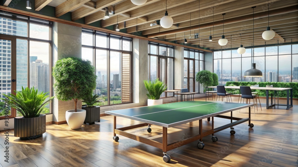 Modern office break room with ping pong table, trendy decor, and natural light, fostering a fun and relaxed company culture and teamwork atmosphere. Modern office break room with ping pong table, trendy decor, and natural light, fostering a fun and relaxed company culture and teamwork atmosphere.