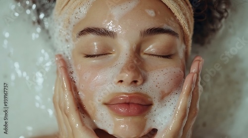 Attractive female model with crisp combed hair closes eyes and gestures actively feels pleased washes face with cleansing foam wears headband wants to have well cared complexion and sk : Generative AI